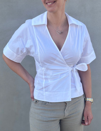 Cotton Poplin Wrap Blouse, Bright White