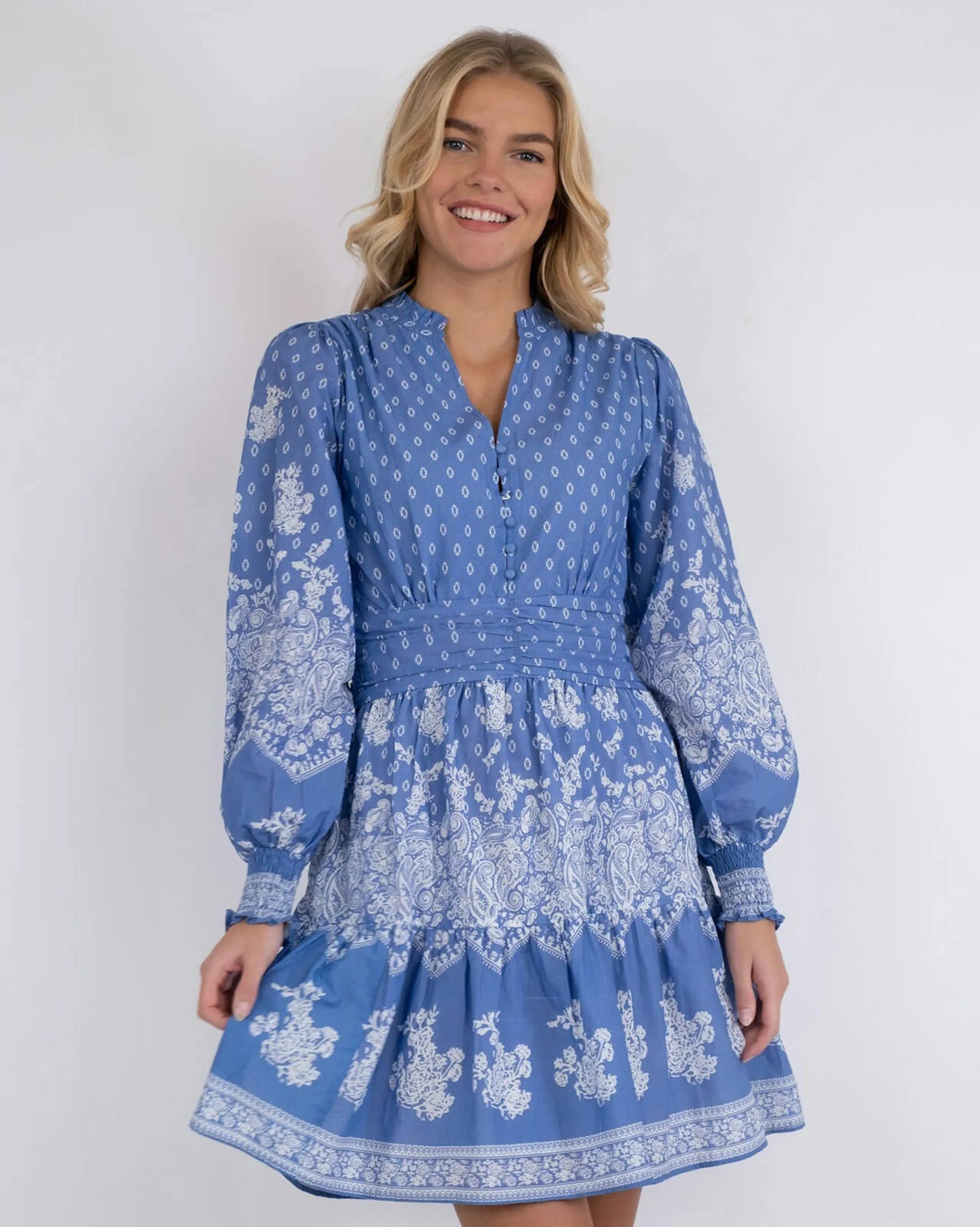 Malti Border Dress, Dusty Blue