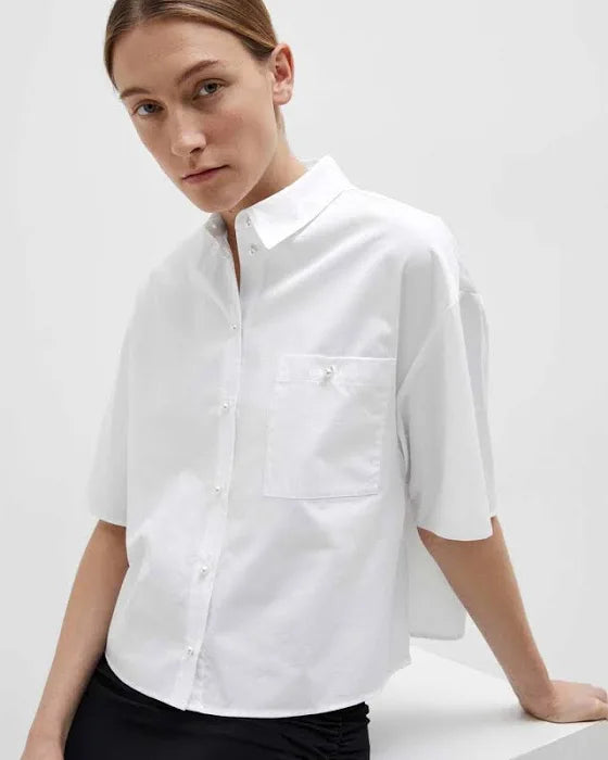 Agnese 2/4 Cropped Pearl Shirt, Bright White