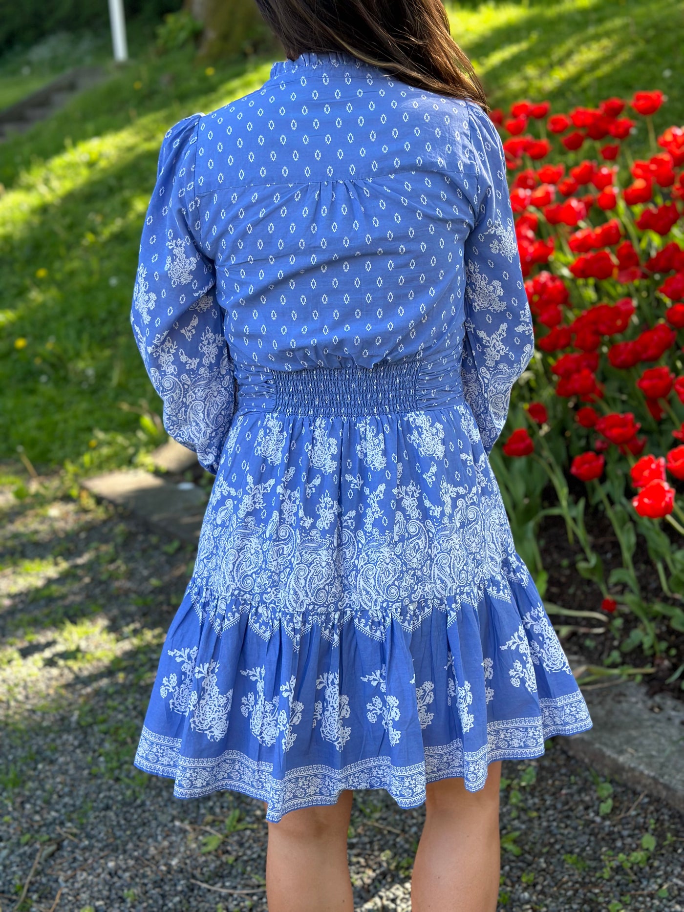 Malti Border Dress, Dusty Blue