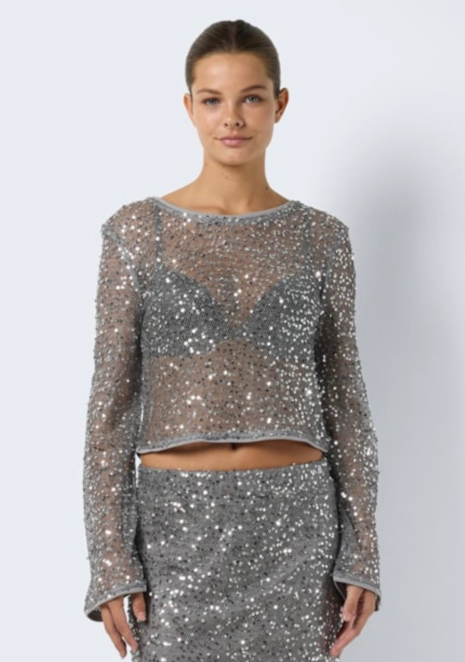 Paila LS Net Cropped Bell Sleeve Top, Charcoral Gray/Silver