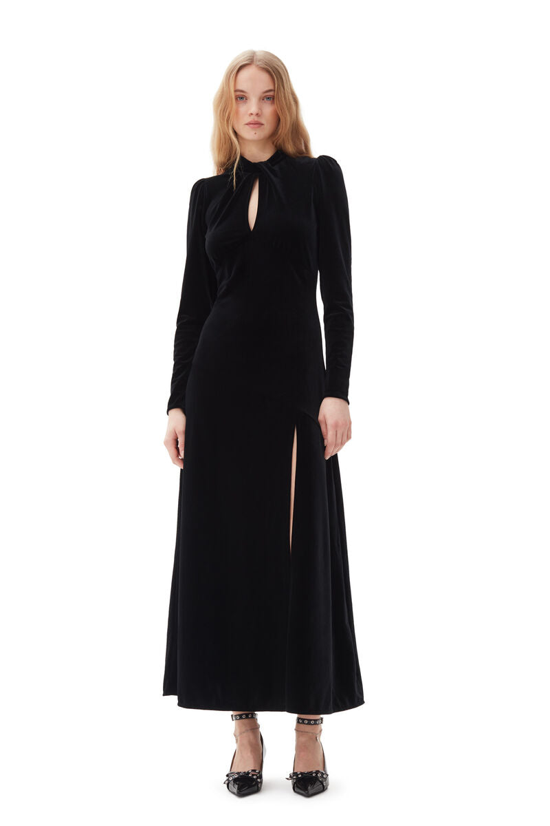 Velvet Jersey Gathered Long Dress, Black