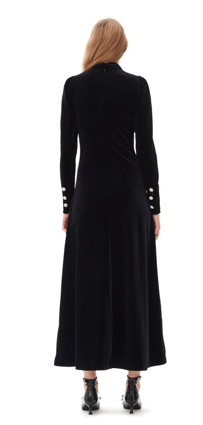 Velvet Jersey Gathered Long Dress, Black