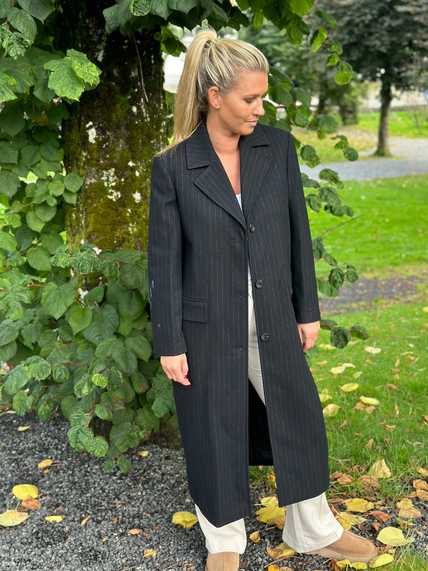 Alma Long Wool  Coat Pinstripe, Black