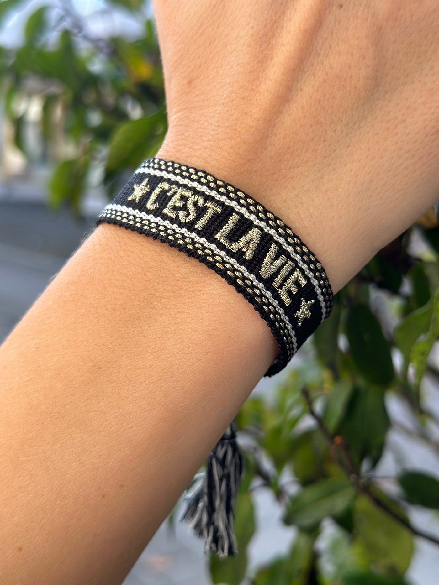 Woven Friendship Bracelet, "c'est la vie" Black w/gold