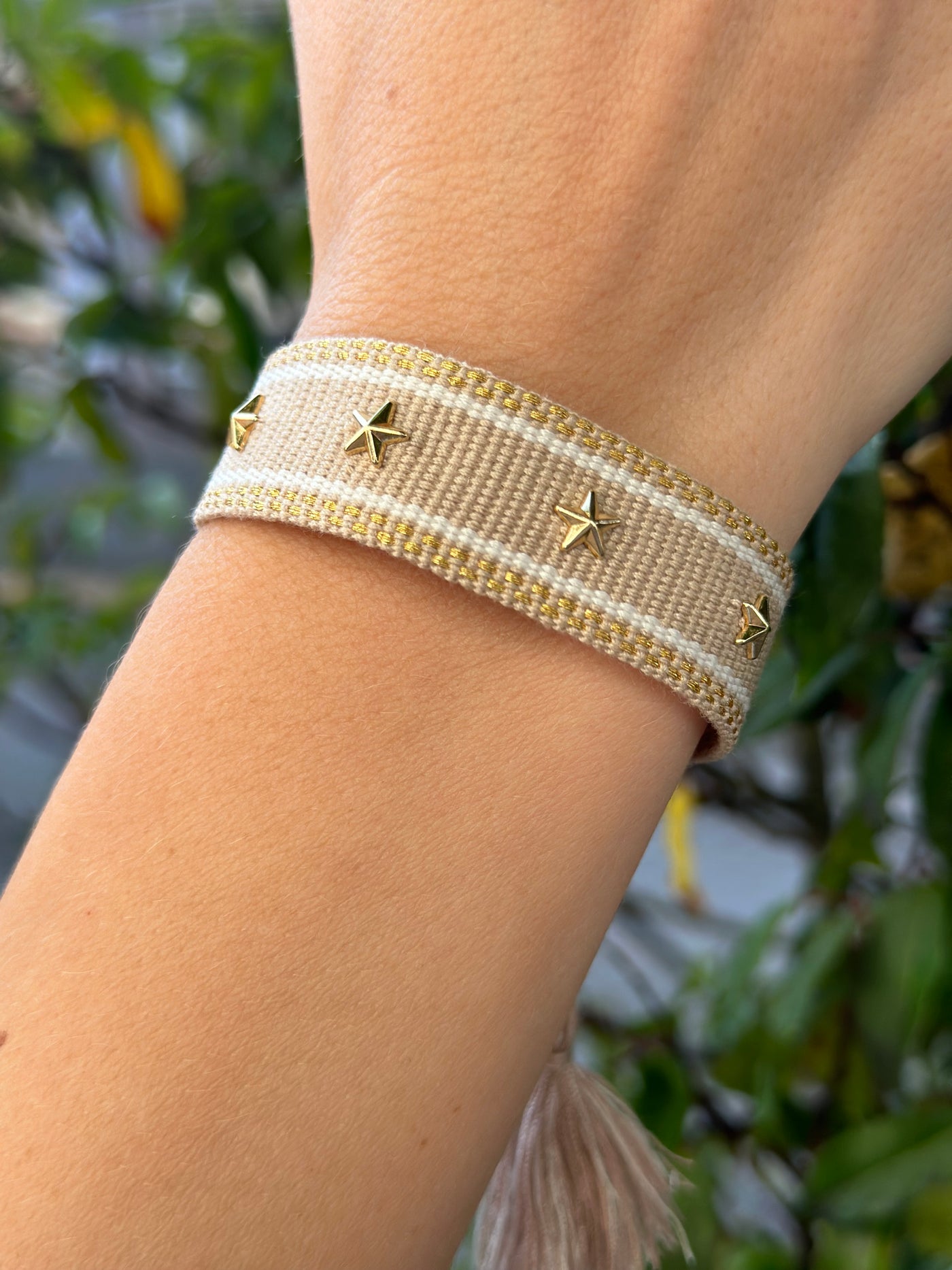 Woven Friendship Bracelet w/Star Studs, Sand w/Gold