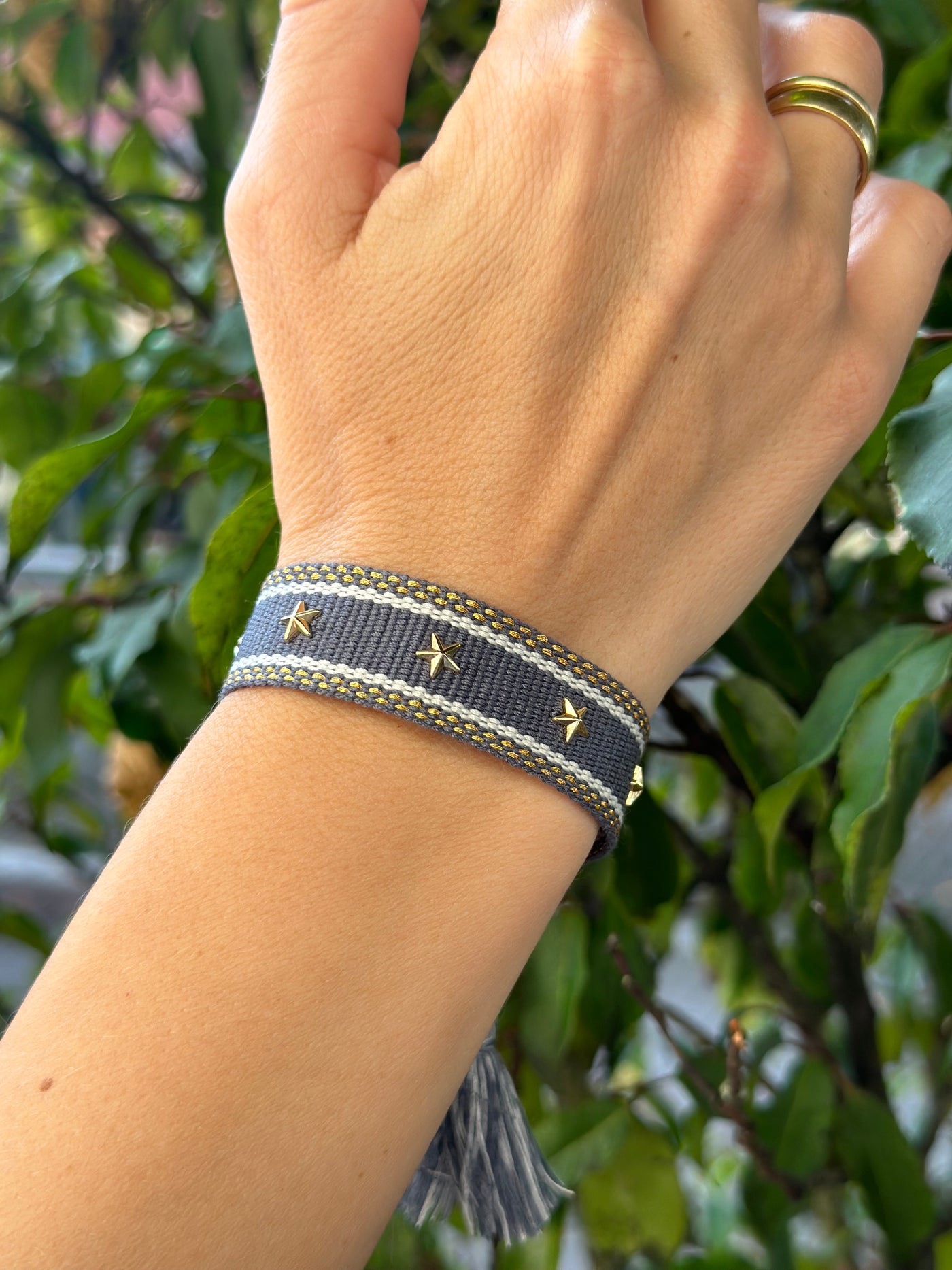 Woven Friendship Bracelet w/Star Studs, Steel Blue w/Gold