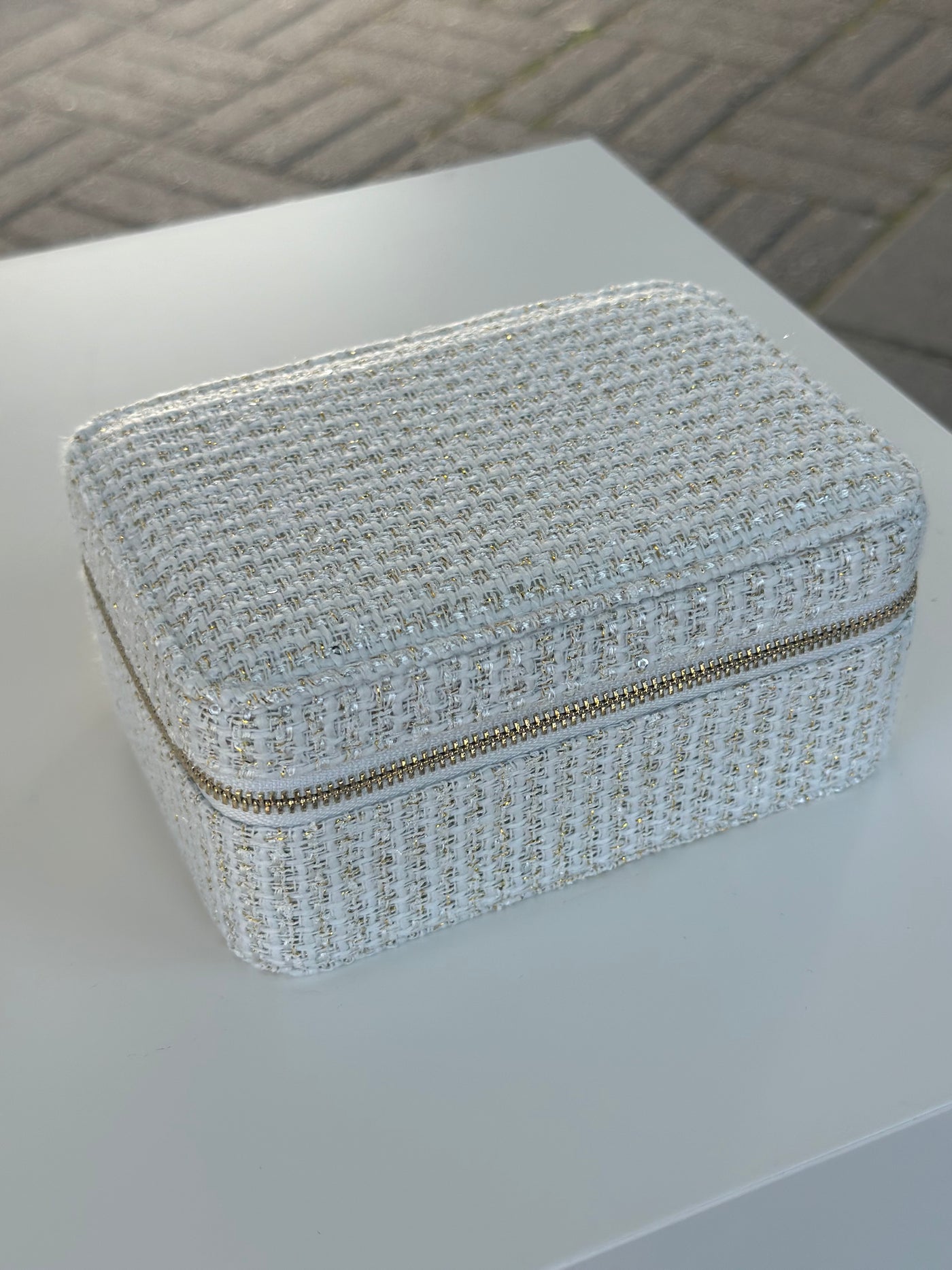 Tweed Jewellery Box, Off White w/Gold