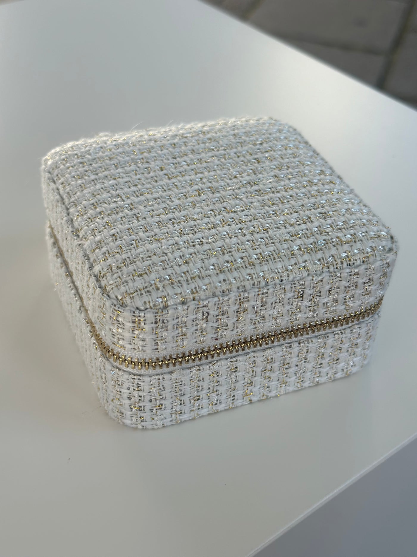 Tweed Jewellery Box Mini, Off White w/Gold