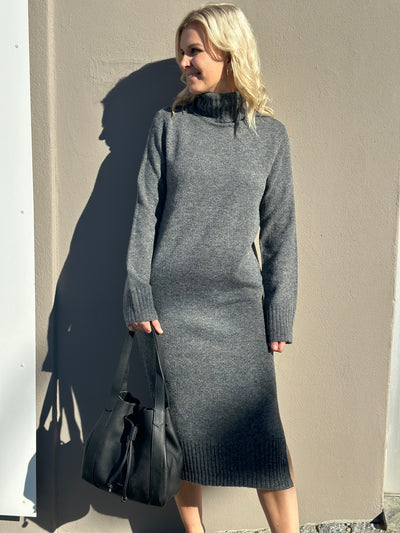 Viola L/S Rollneck Knit Dress, Dark Grey Melange