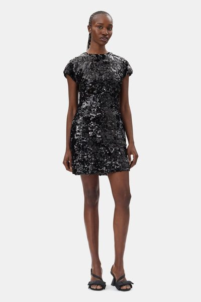 Velvet Sequins Mini Dress, Black