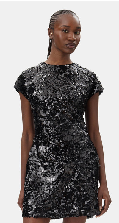 Velvet Sequins Mini Dress, Black