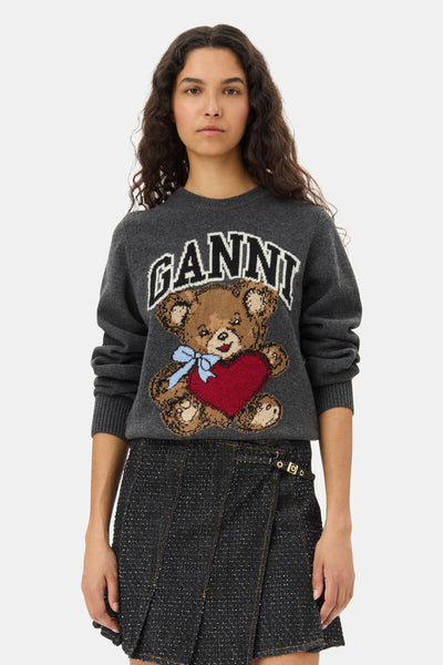 Graphic Wool Mix Bear Crewneck, Gray Quill