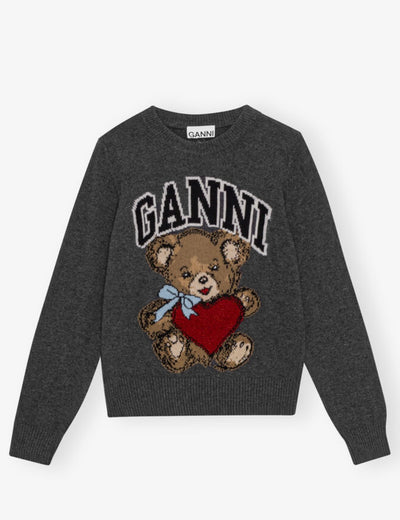 Graphic Wool Mix Bear Crewneck, Gray Quill