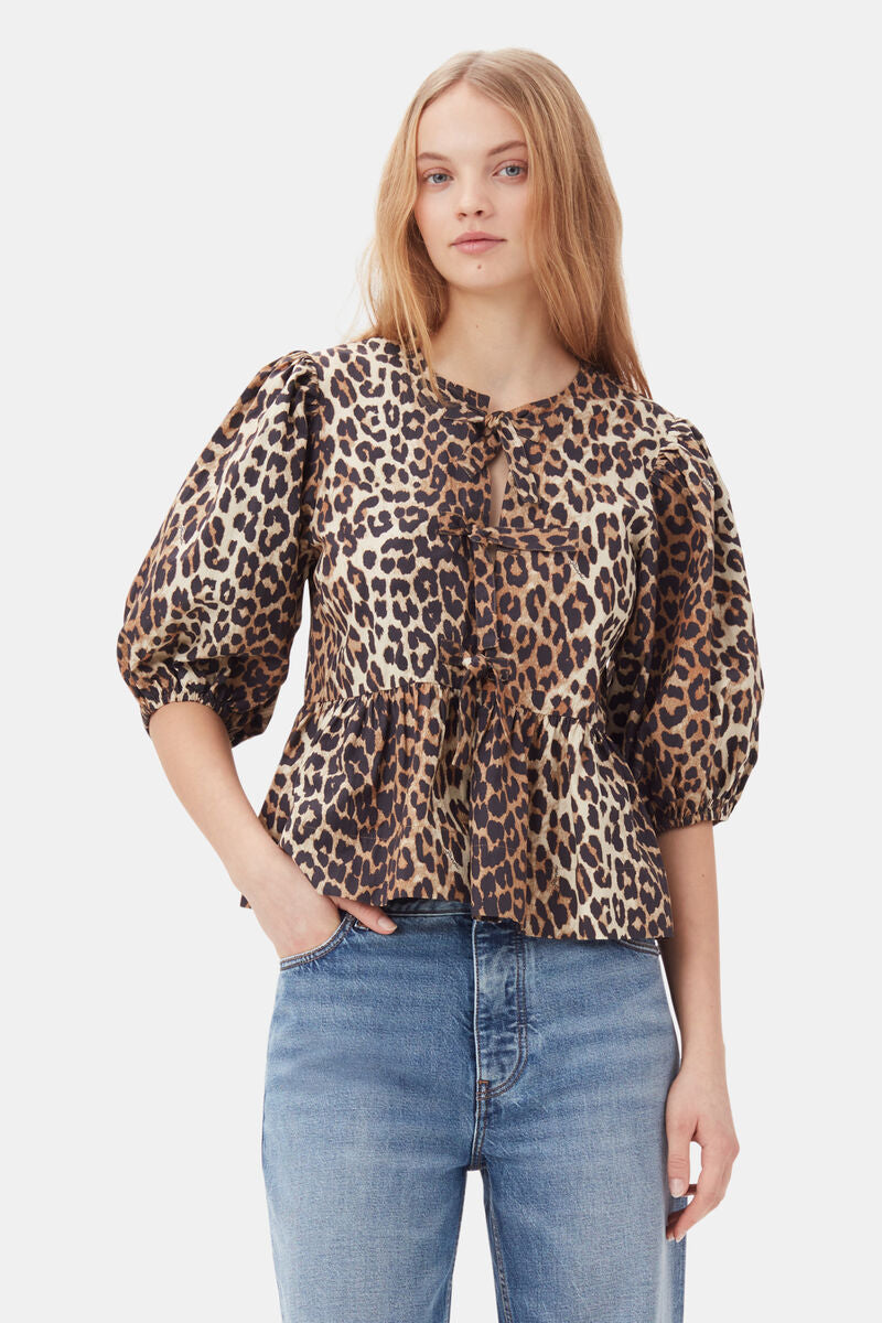 Printed Cotton Poplin Peplum Tie-Blouse, Leopard