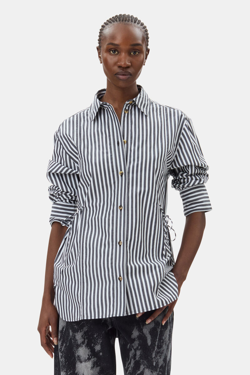 Stripe Cotton Oversized Tie String Shirt, Black