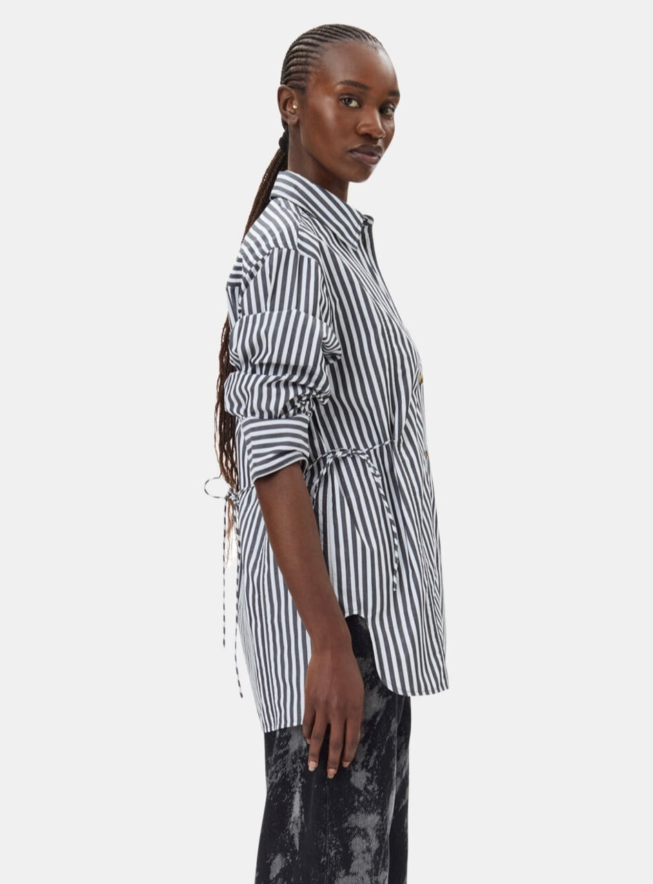 Stripe Cotton Oversized Tie String Shirt, Black