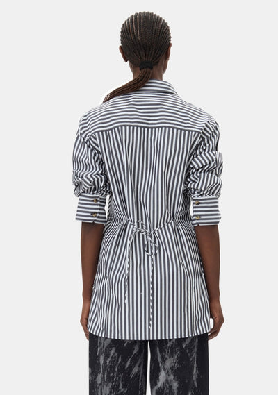 Stripe Cotton Oversized Tie String Shirt, Black