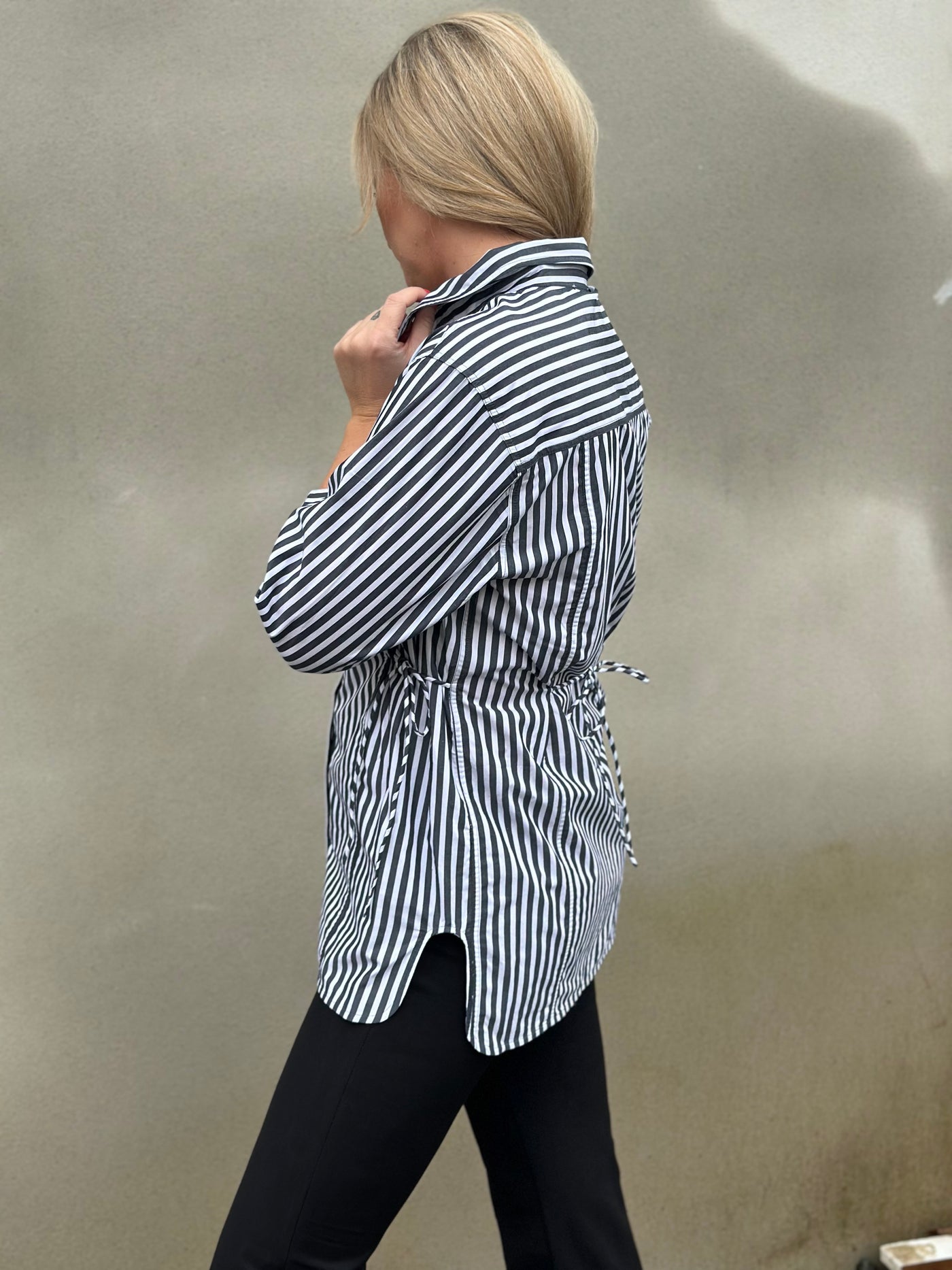 Stripe Cotton Oversized Tie String Shirt, Black