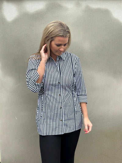 Stripe Cotton Oversized Tie String Shirt, Black