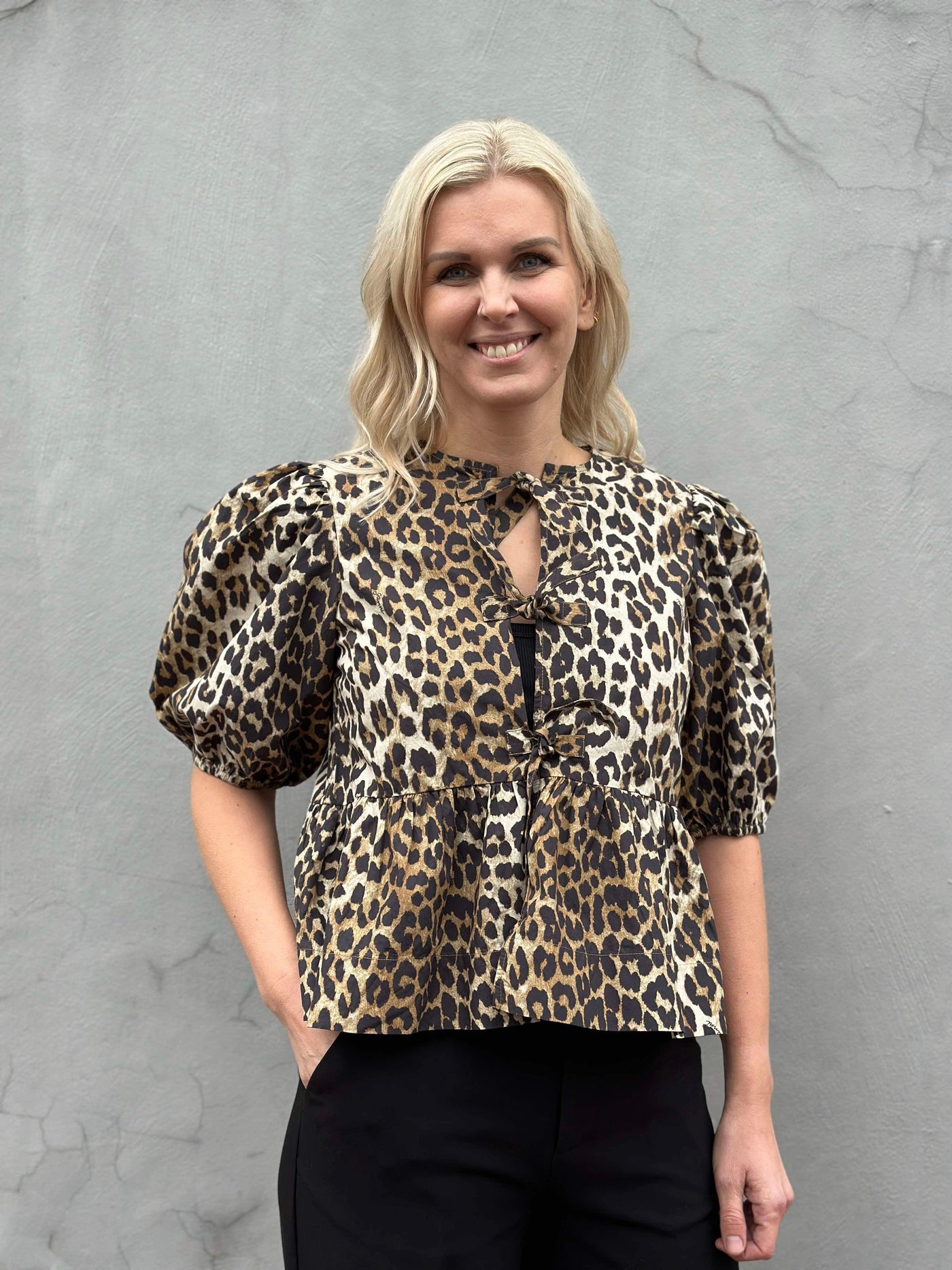 Printed Cotton Poplin Peplum Tie-Blouse, Leopard