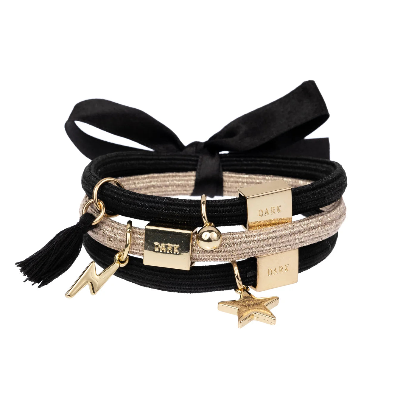 Hair Ties 3 pk Charm Combo, All Black w/gold